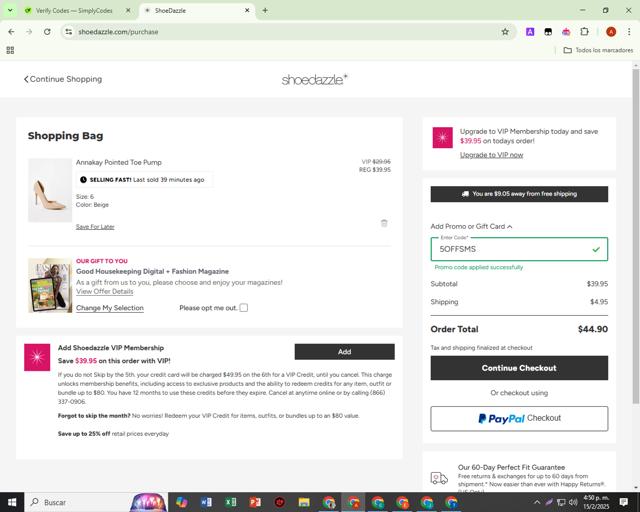Shoedazzle checkout page showing Shoedazzle promo code box | Screenshot taken by SimplyCodes community member on Feb 15, 2025