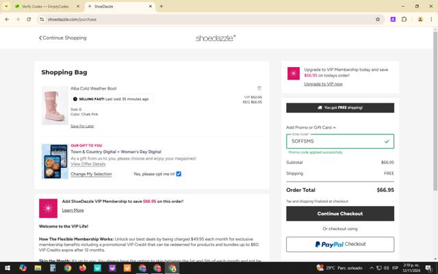 Shoedazzle checkout page showing Shoedazzle promo code box | Screenshot taken by SimplyCodes community member on Nov 12, 2024