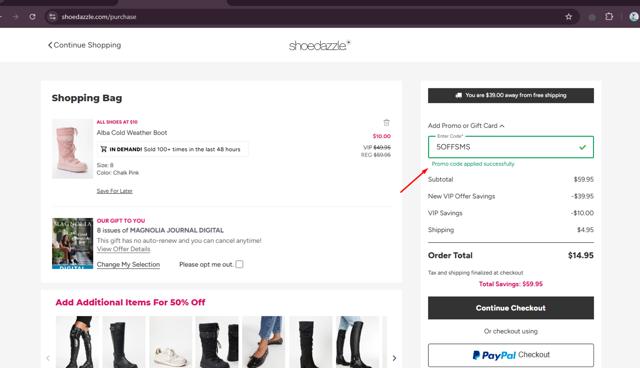Shoedazzle checkout page showing Shoedazzle promo code box | Screenshot taken by SimplyCodes community member on Dec 1, 2024