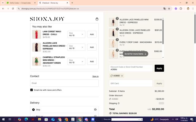 Shona Joy checkout page showing Shona Joy discount code box | Screenshot taken by SimplyCodes community member on Sep 12, 2025