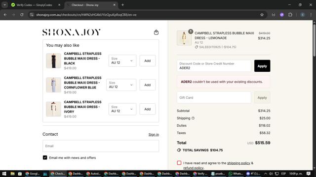 Shona Joy checkout page showing Shona Joy discount code box | Screenshot taken by SimplyCodes community member on Sep 12, 2025