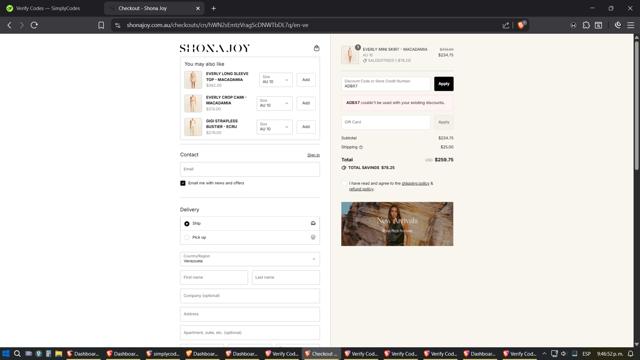 Shona Joy checkout page showing Shona Joy discount code box | Screenshot taken by SimplyCodes community member on Sep 12, 2025