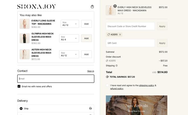 Shona Joy checkout page showing Shona Joy discount code box | Screenshot taken by SimplyCodes community member on Sep 12, 2025