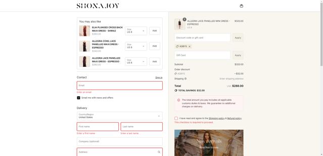 Shona Joy checkout page showing Shona Joy discount code box | Screenshot taken by SimplyCodes community member on Sep 15, 2025