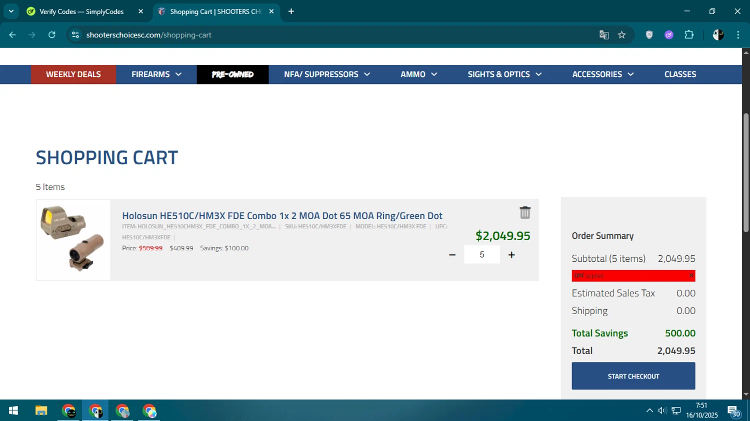 Shooters Choice checkout page showing Shooters Choice promo code box | Screenshot taken by SimplyCodes community member on Oct 16, 2025
