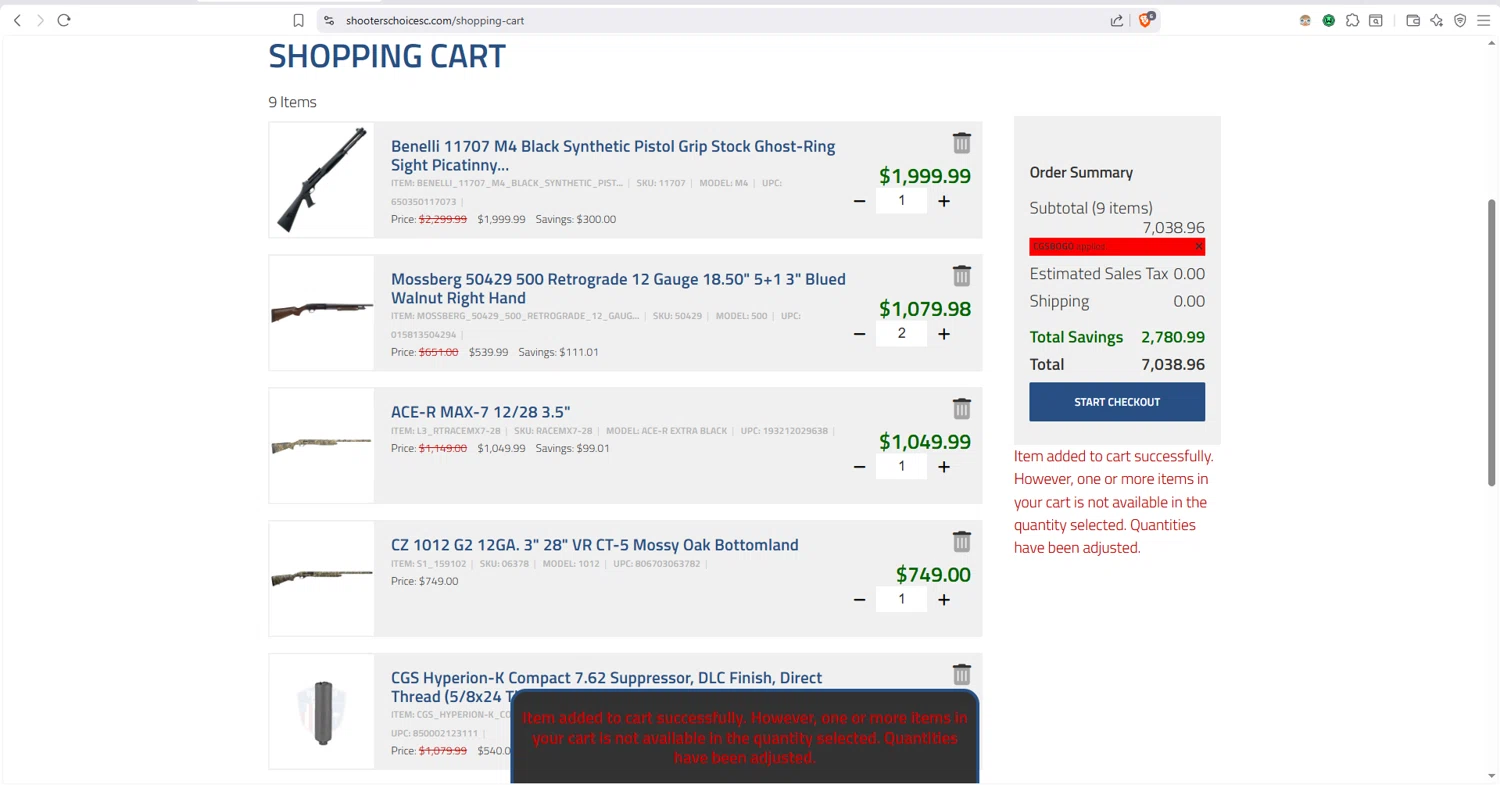 Shooters Choice promo code screenshot showing code CGSBOGO applied at Shooters Choice checkout page. Uploaded by SimplyCodes community member dayselis15 on Dec 25, 2025