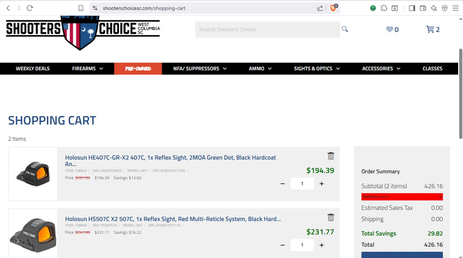 Shooters Choice promo code screenshot showing code NOTAX25 applied at Shooters Choice checkout page. Uploaded by SimplyCodes community member dayselis15 on Dec 28, 2025