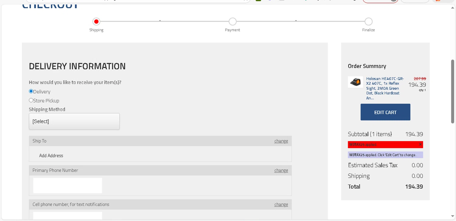 Shooters Choice promo code screenshot showing code NOTAX25 applied at Shooters Choice checkout page. Uploaded by SimplyCodes community member shark12 on Dec 27, 2025