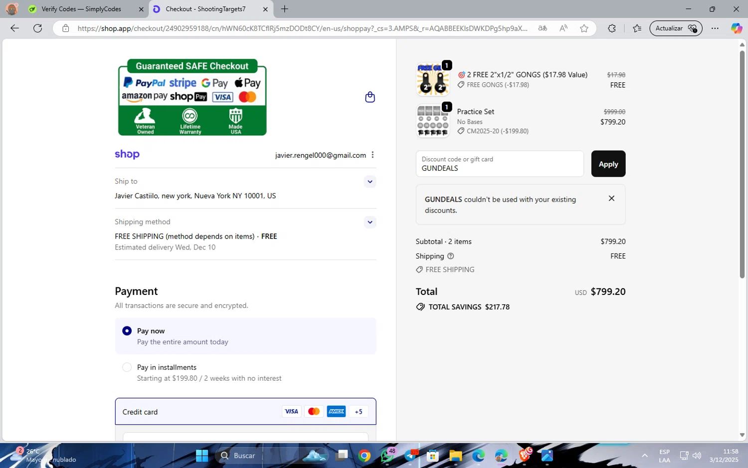 ShootingTargets7.com discount code screenshot showing code GUNDEALS applied at ShootingTargets7.com checkout page. Uploaded by SimplyCodes community member JavinhoSantos on Dec 3, 2025