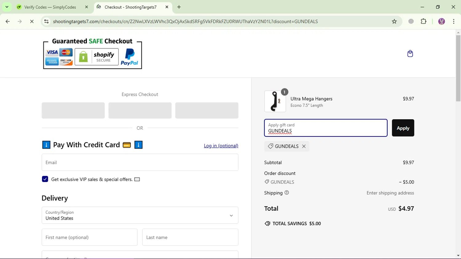 ShootingTargets7.com discount code screenshot showing code GUNDEALS applied at ShootingTargets7.com checkout page. Uploaded by SimplyCodes community member LassoReyes on Jan 4, 2025
