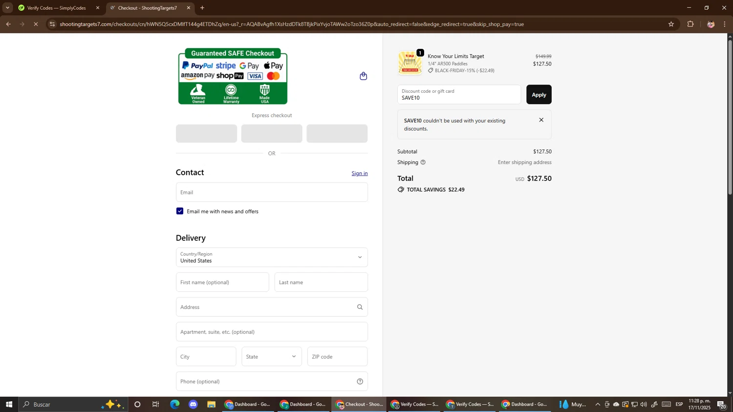 ShootingTargets7.com discount code screenshot showing code SAVE10 applied at ShootingTargets7.com checkout page. Uploaded by SimplyCodes community member El_mynor on Nov 18, 2025