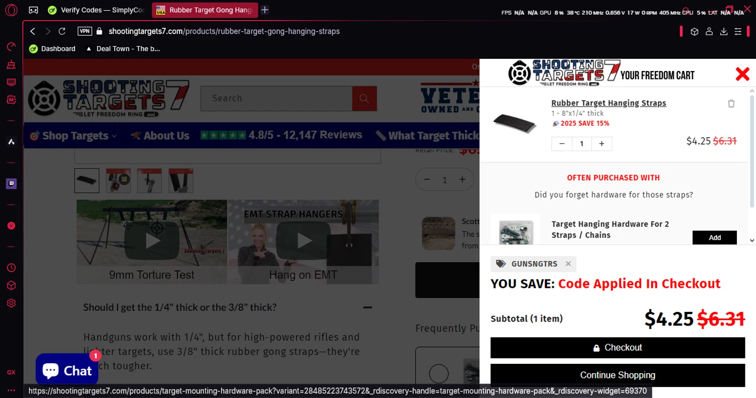 ShootingTargets7.com discount code screenshot showing code GUNSNGTRS applied at ShootingTargets7.com checkout page. Uploaded by SimplyCodes community member luissi on Jan 4, 2025