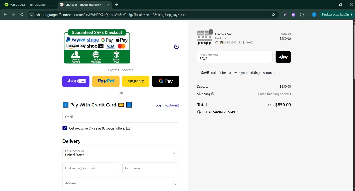 ShootingTargets7.com discount code screenshot showing code SAVE applied at ShootingTargets7.com checkout page. Uploaded by SimplyCodes community member CodeScholar4340 on Aug 25, 2025