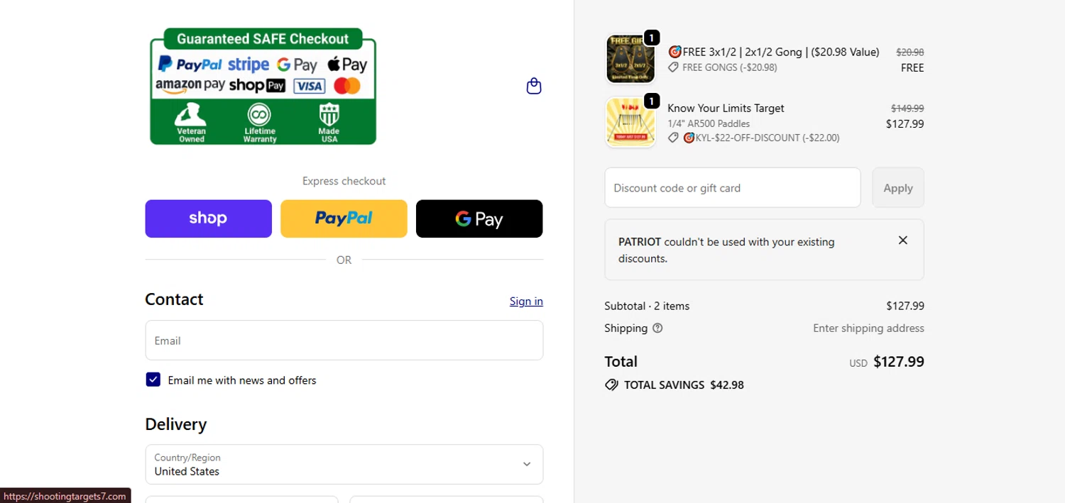 ShootingTargets7.com discount code screenshot showing code PATRIOT applied at ShootingTargets7.com checkout page. Uploaded by SimplyCodes community member juanisaac on Jan 18, 2026