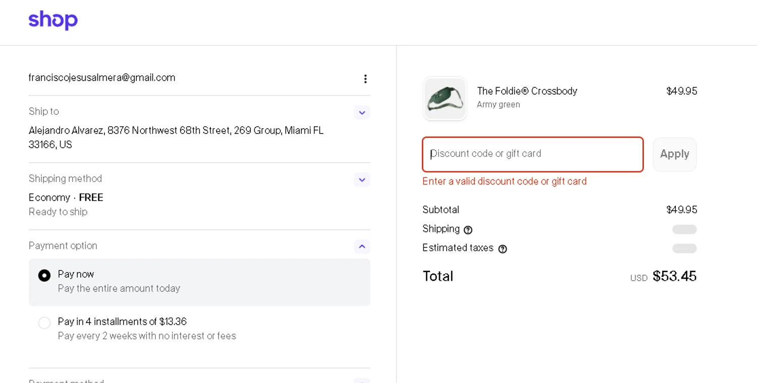 Shop promo code screenshot showing code AD326 applied at Shop checkout page. Uploaded by SimplyCodes community member Gaby04 on Feb 20, 2026