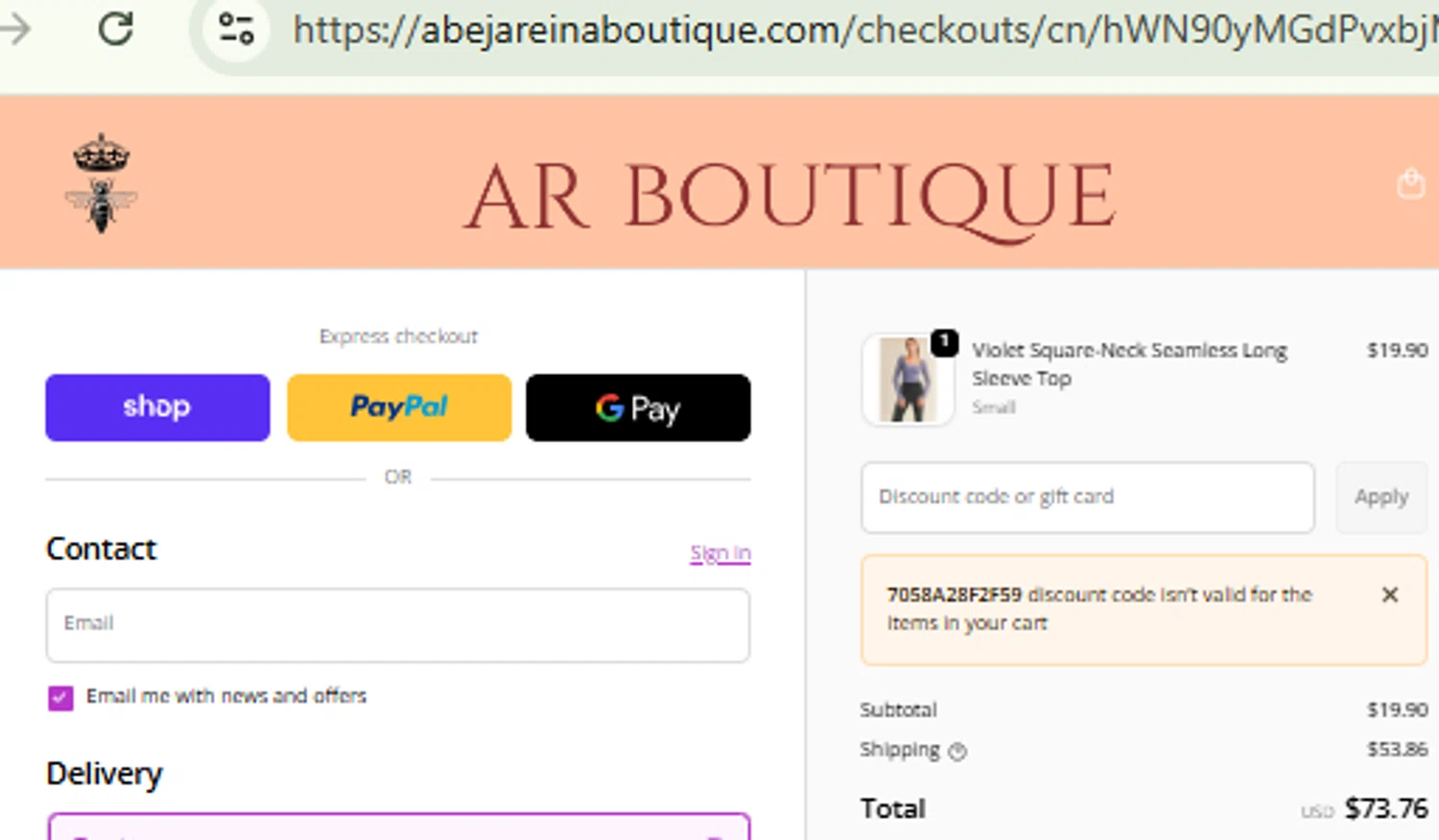 Shop promo code screenshot showing code AD327 applied at Shop checkout page. Uploaded by SimplyCodes community member RewardFinder4836 on Feb 20, 2026
