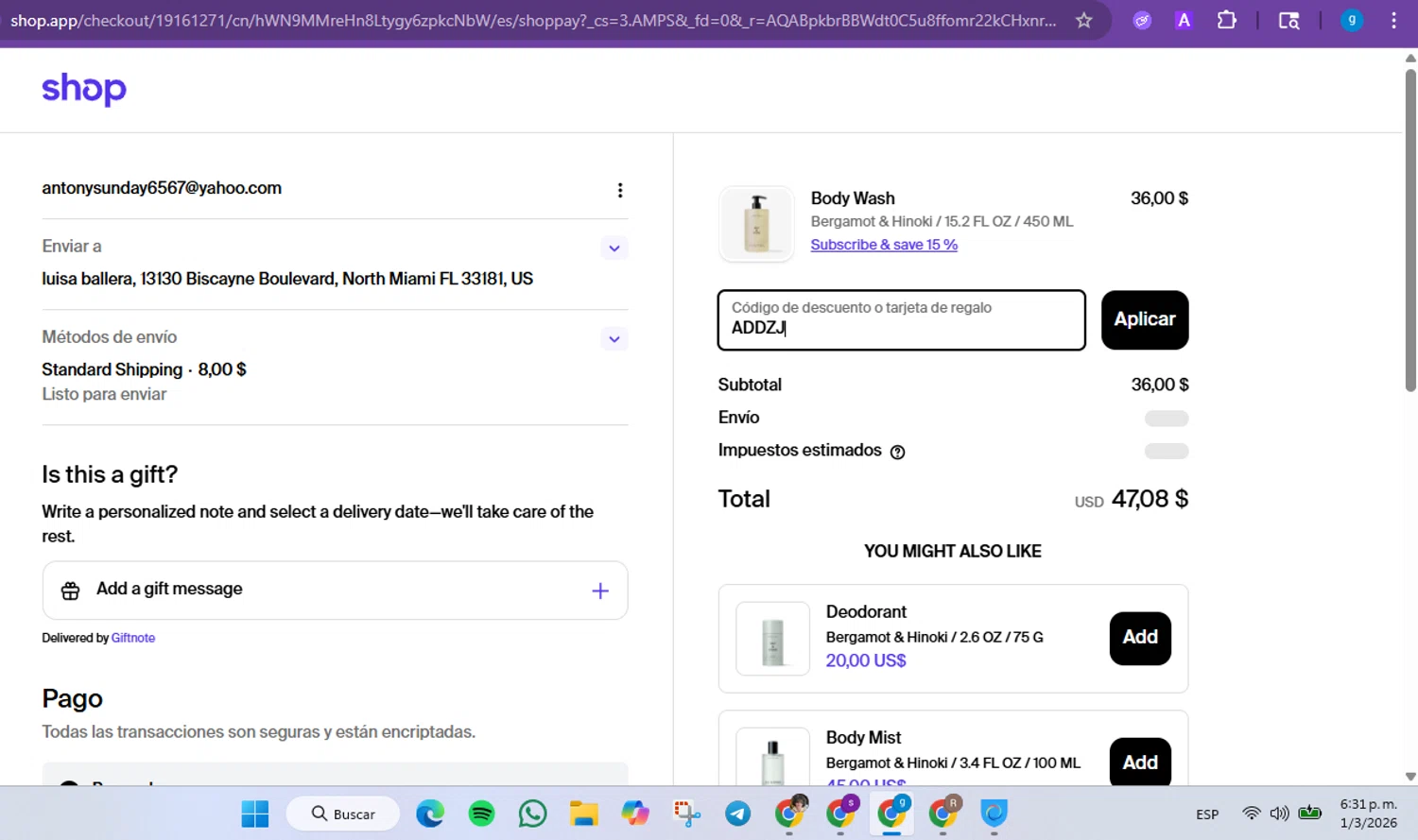 Shop promo code screenshot showing code ADDZJ applied at Shop checkout page. Uploaded by SimplyCodes community member FrugalVirtuoso6318 on Mar 1, 2026
