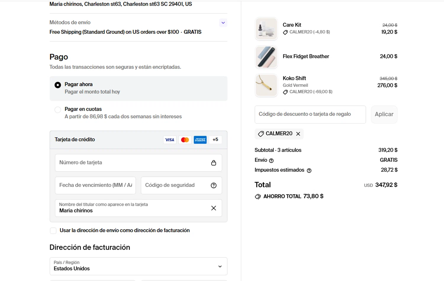 Shop discount code screenshot showing code CALMER20 applied at Shop checkout page. Uploaded by SimplyCodes community member SaleGuardian5536 on Oct 8, 2025