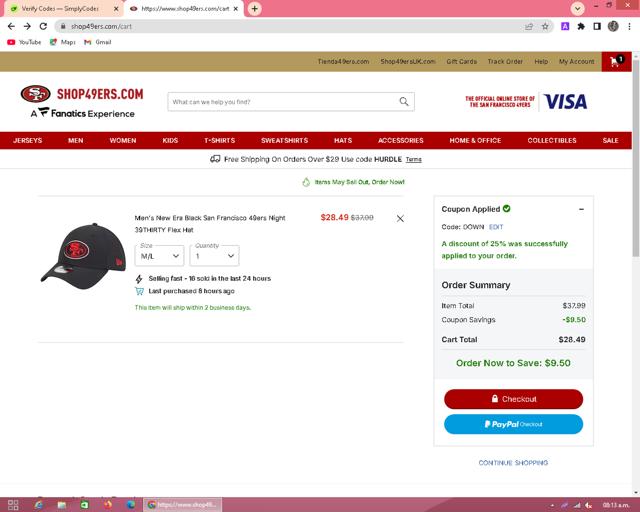 Shop49ers.com checkout page showing Shop49ers.com promo code box | Screenshot taken by SimplyCodes community member on Sep 7, 2025