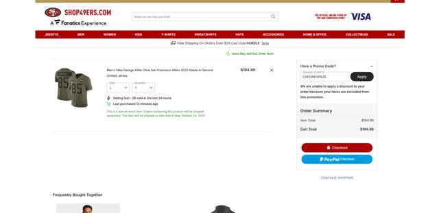 Shop49ers.com checkout page showing Shop49ers.com promo code box | Screenshot taken by SimplyCodes community member on Sep 22, 2025