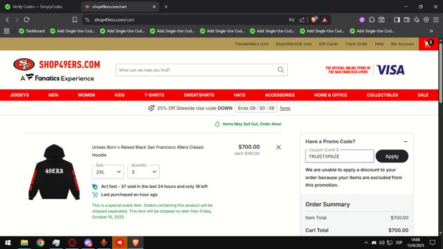Shop49ers.com checkout page showing Shop49ers.com promo code box | Screenshot taken by SimplyCodes community member on Sep 15, 2025