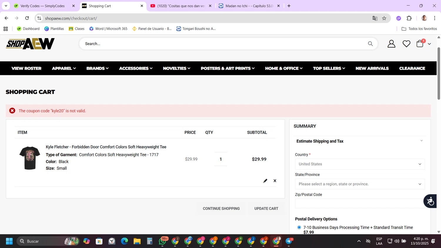 Shop AEW discount code screenshot showing code kyle20 applied at Shop AEW checkout page. Uploaded by SimplyCodes community member FernandoLetex on Oct 13, 2025