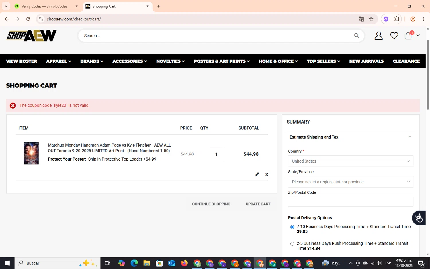 Shop AEW discount code screenshot showing code kyle20 applied at Shop AEW checkout page. Uploaded by SimplyCodes community member GoldHunter9818 on Oct 13, 2025