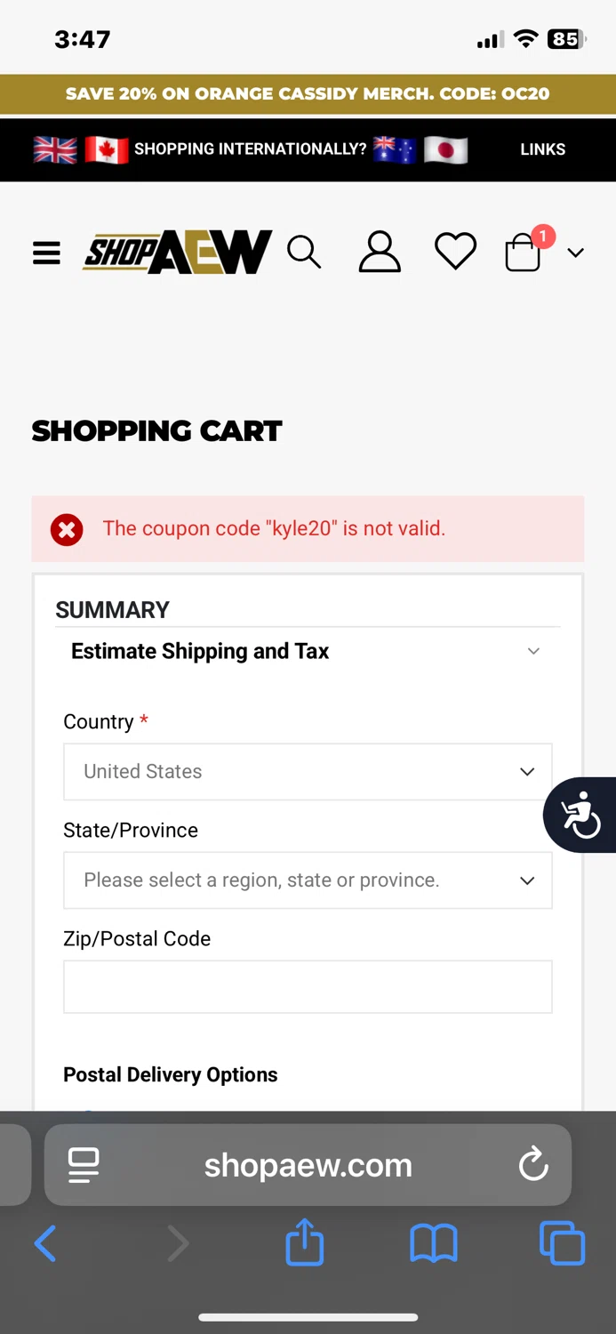 Shop AEW discount code screenshot showing code kyle20 applied at Shop AEW checkout page. Uploaded by SimplyCodes community member Woodstock on Oct 13, 2025