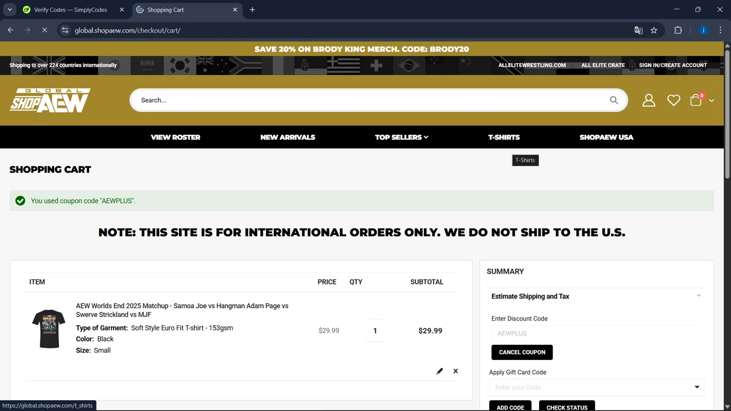 Shop AEW checkout page showing Shop AEW discount code box | Screenshot taken by SimplyCodes community member on Feb 13, 2026