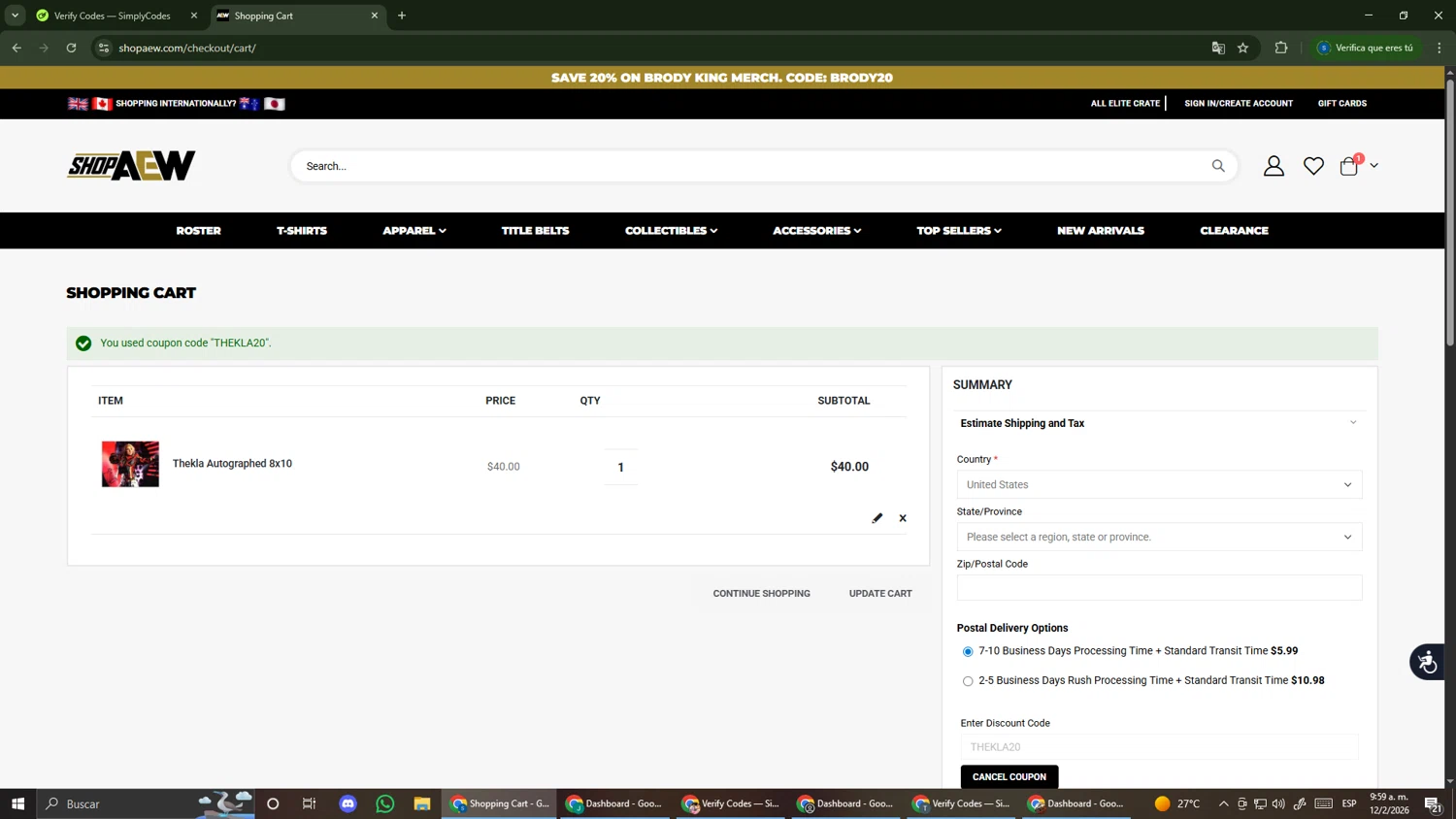 Shop AEW checkout page showing Shop AEW discount code box | Screenshot taken by SimplyCodes community member on Feb 12, 2026