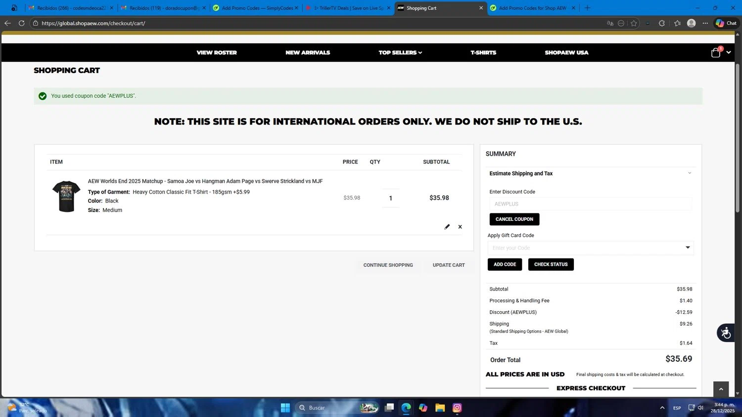 Shop AEW discount code screenshot showing code AEWPLUS applied at Shop AEW checkout page. Uploaded by SimplyCodes community member Mdeoca on Dec 28, 2025