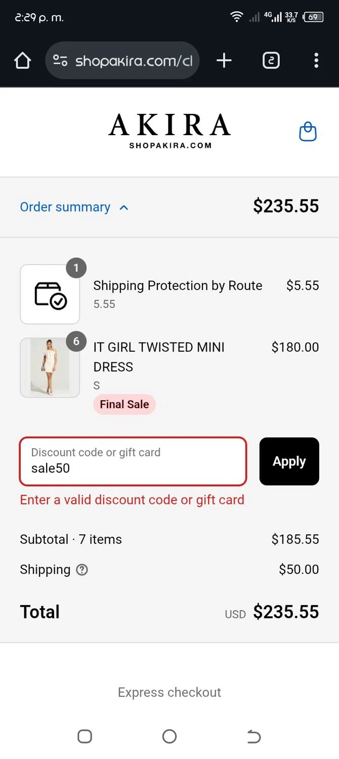Akira promo code screenshot showing code sale50 applied at Akira checkout page. Uploaded by SimplyCodes community member CleverWhiz2265 on Aug 26, 2025