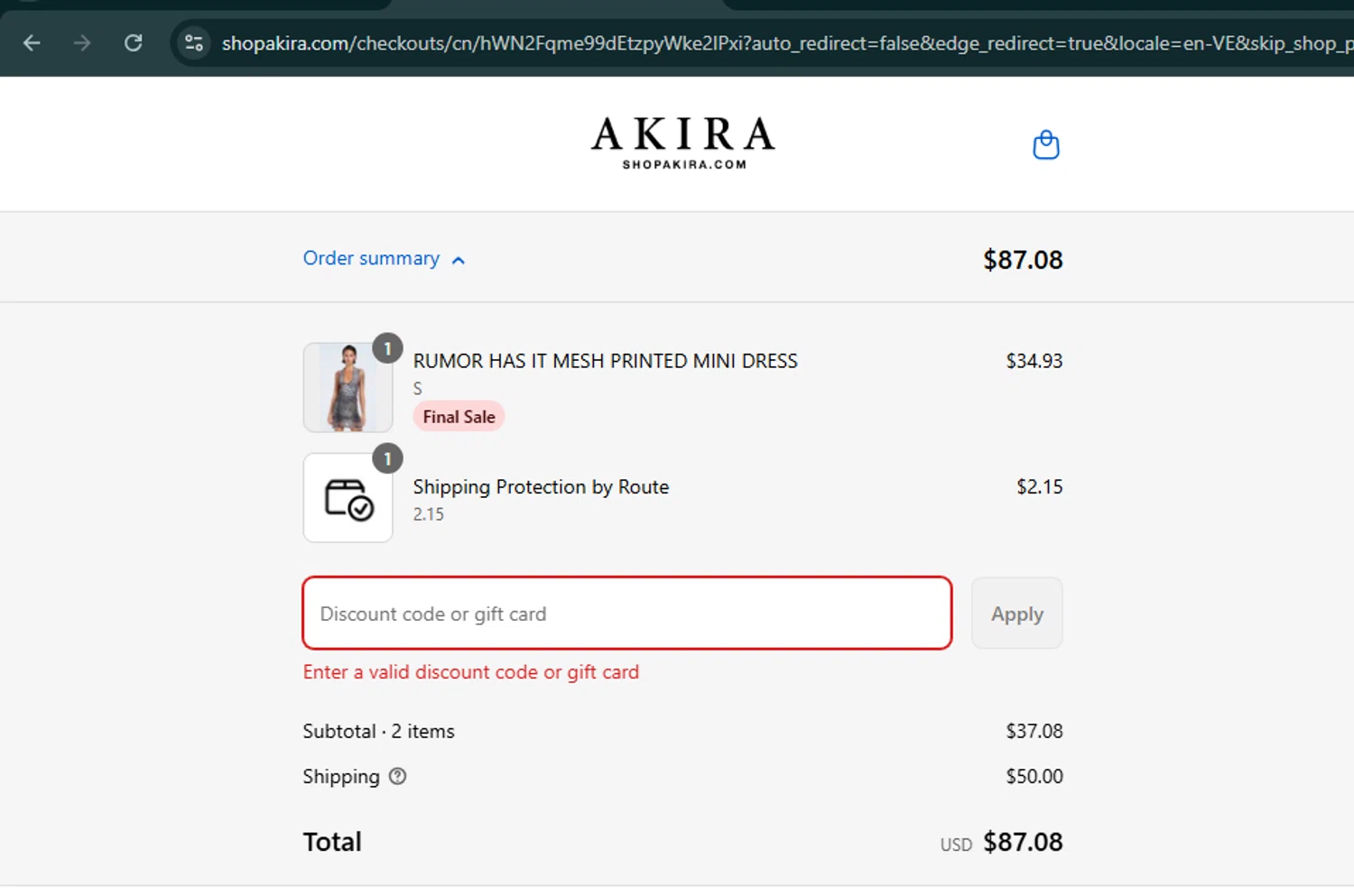 Akira promo code screenshot showing code sale50 applied at Akira checkout page. Uploaded by SimplyCodes community member SmartMaestro6853 on Aug 26, 2025