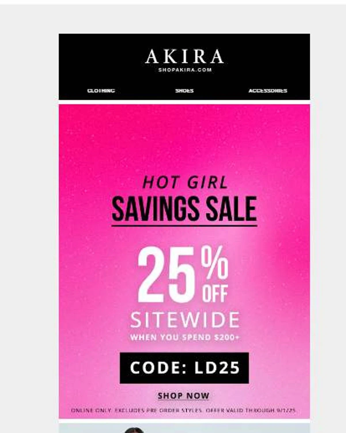 Akira promo code screenshot showing code LD25 applied at Akira checkout page. Uploaded by SimplyCodes community member 6d796e616d656973 on Aug 29, 2025