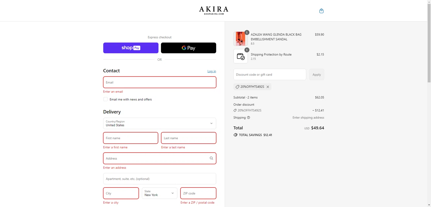 Akira promo code screenshot showing code 20%OFFHTS492S applied at Akira checkout page. Uploaded by SimplyCodes community member CleverHawk1744 on Jul 22, 2025