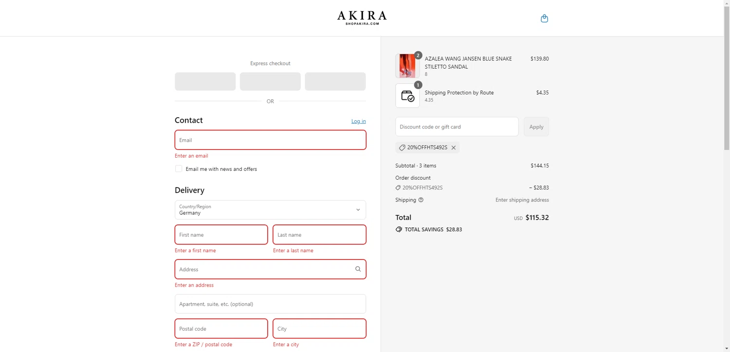 Akira promo code screenshot showing code 20%OFFHTS492S applied at Akira checkout page. Uploaded by SimplyCodes community member PennyRanger8219 on Jul 22, 2025