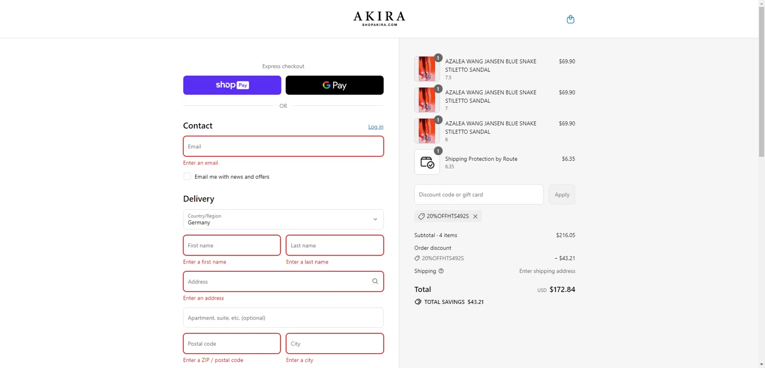 Akira promo code screenshot showing code 20%OFFHTS492S applied at Akira checkout page. Uploaded by SimplyCodes community member SilverChaser3269 on Jul 22, 2025