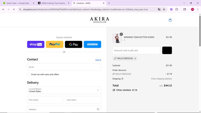 Akira checkout page showing Akira promo code box | Screenshot taken by SimplyCodes community member on Aug 22, 2025