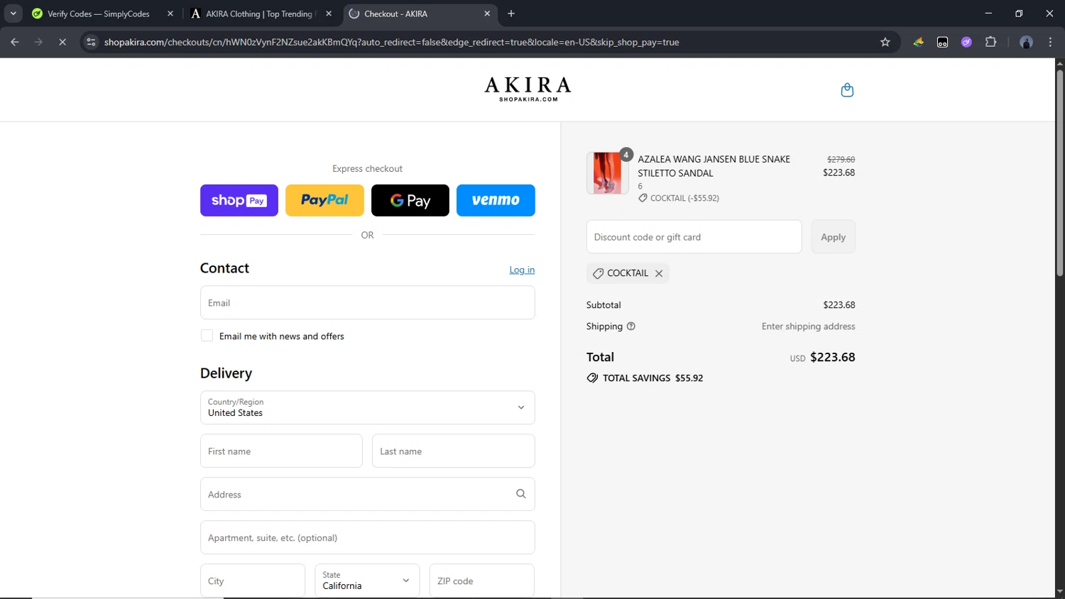 Akira promo code screenshot showing code COCKTAIL applied at Akira checkout page. Uploaded by SimplyCodes community member Time_sin_filtro on Jul 24, 2025