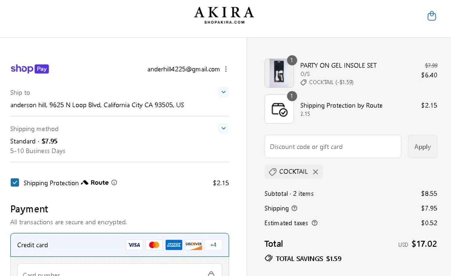 Akira promo code screenshot showing code COCKTAIL applied at Akira checkout page. Uploaded by SimplyCodes community member Elcompa on Jul 24, 2025