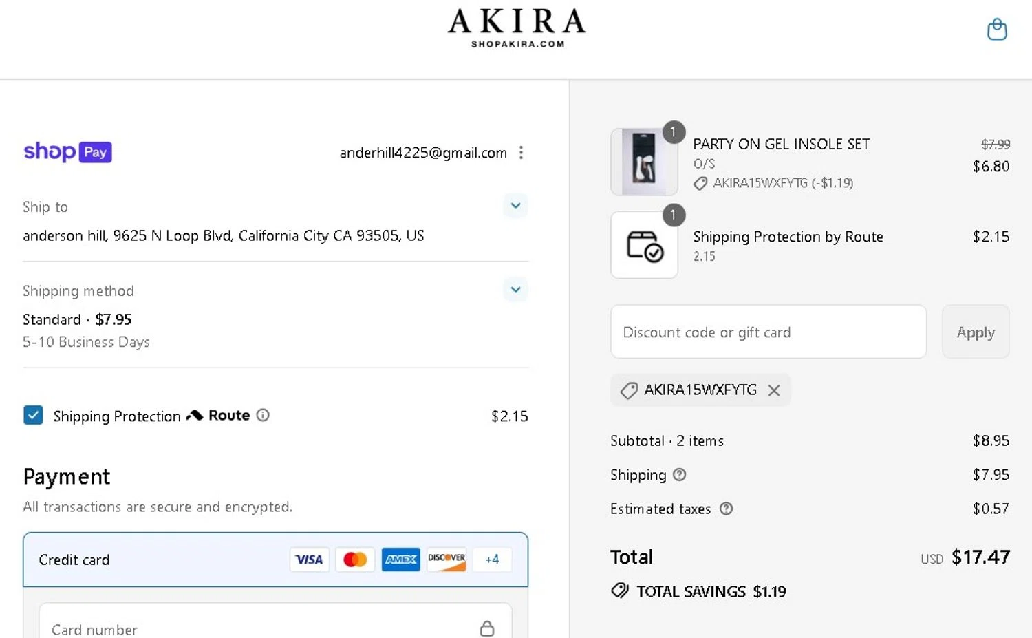Akira promo code screenshot showing code AKIRA15WXFYTG applied at Akira checkout page. Uploaded by SimplyCodes community member Elcompa on Jul 24, 2025