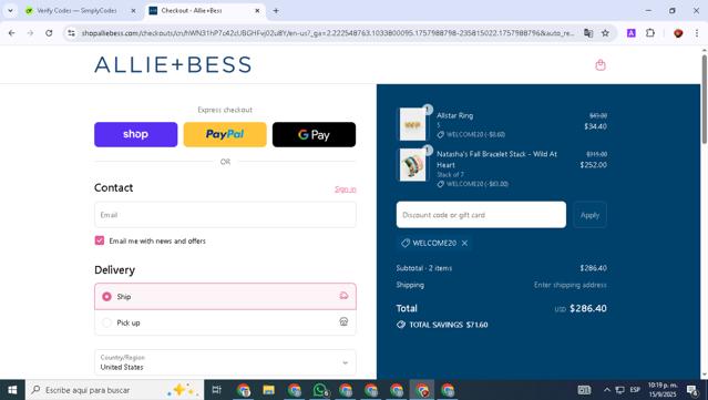 Allie + Bess checkout page showing Allie + Bess promo code box | Screenshot taken by SimplyCodes community member on Sep 16, 2025