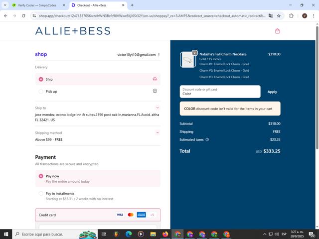 Allie + Bess checkout page showing Allie + Bess promo code box | Screenshot taken by SimplyCodes community member on Sep 20, 2025