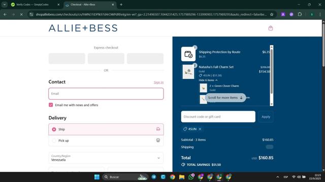 Allie + Bess checkout page showing Allie + Bess promo code box | Screenshot taken by SimplyCodes community member on Sep 16, 2025