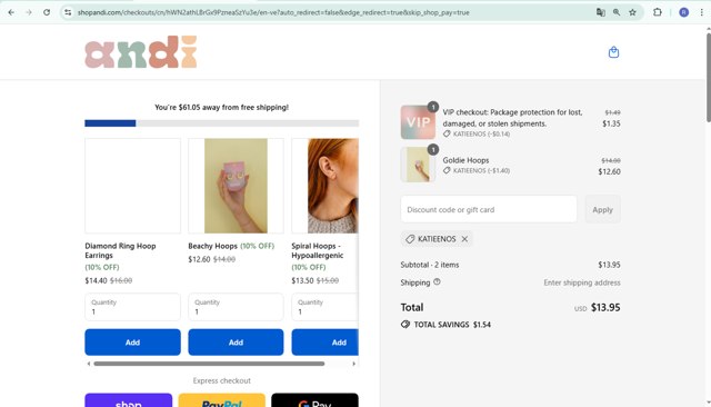 Shop Andi checkout page showing Shop Andi discount code box | Screenshot taken by SimplyCodes community member on Sep 4, 2025
