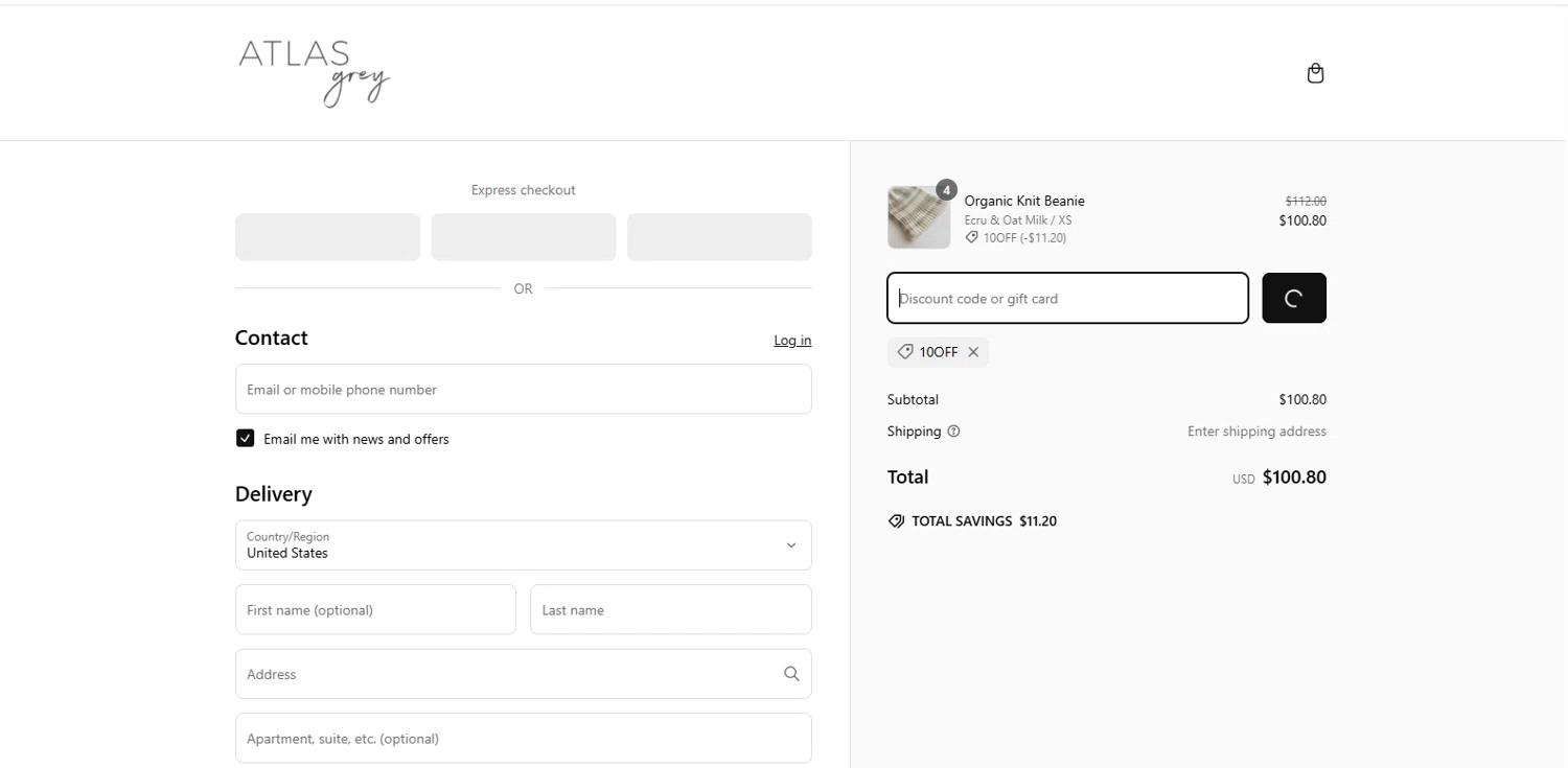 Atlas Grey discount code screenshot showing code 10OFF applied at Atlas Grey checkout page. Uploaded by SimplyCodes community member Wolffire on Mar 9, 2025
