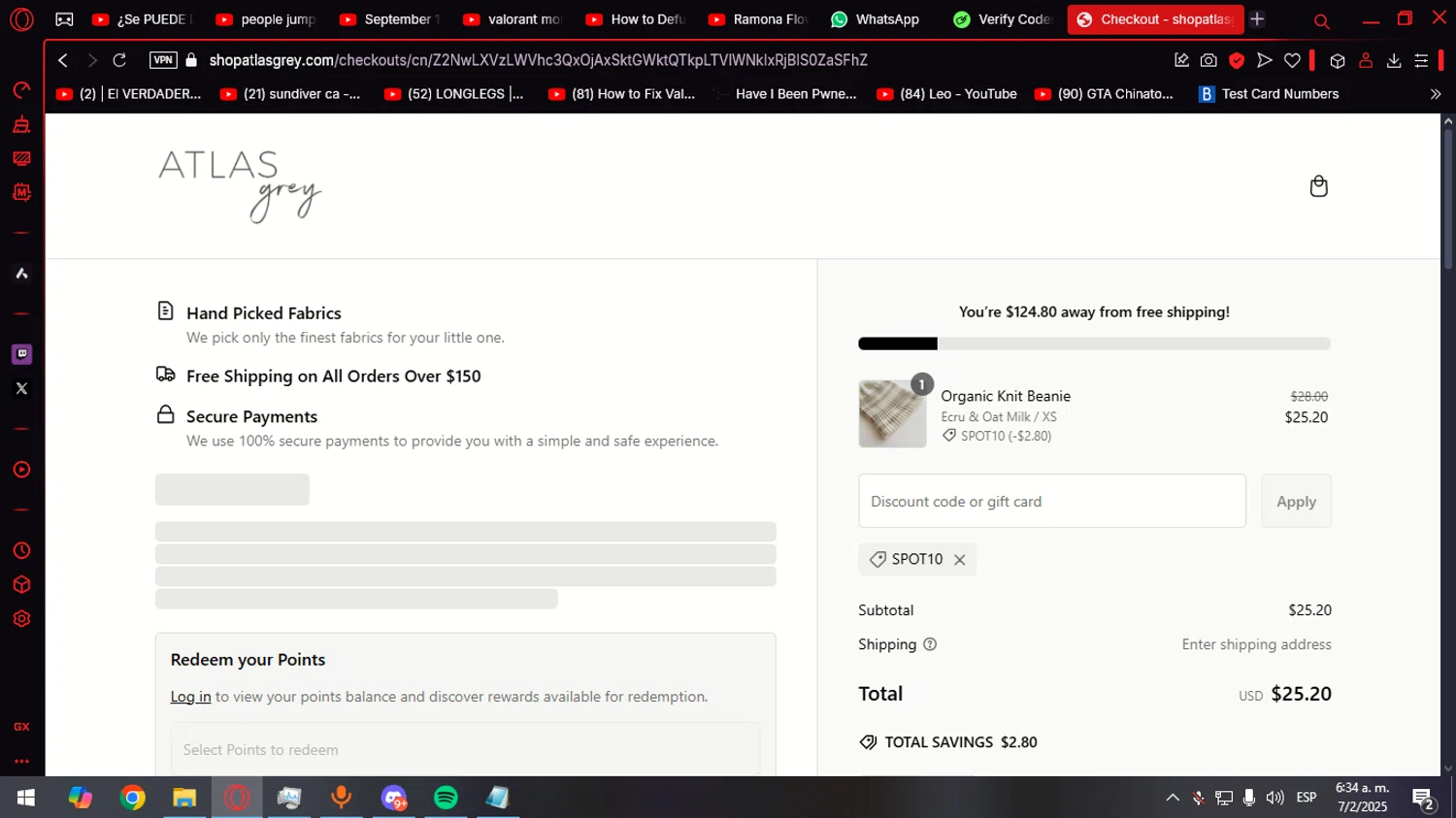 Atlas Grey discount code screenshot showing code SPOT10 applied at Atlas Grey checkout page. Uploaded by SimplyCodes community member Helpme on Feb 7, 2025