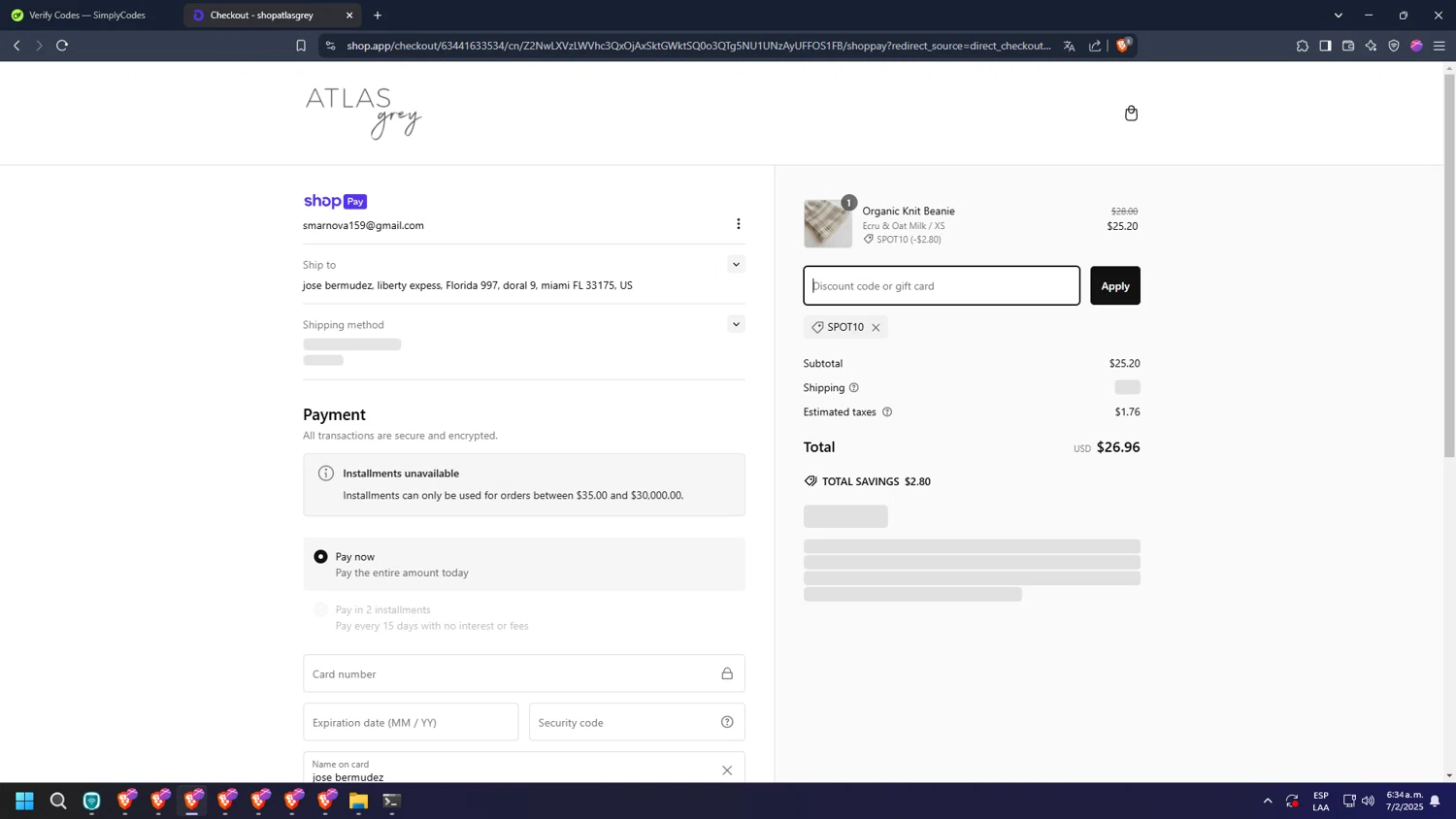 Atlas Grey discount code screenshot showing code SPOT10 applied at Atlas Grey checkout page. Uploaded by SimplyCodes community member PrimeAce5385 on Feb 7, 2025