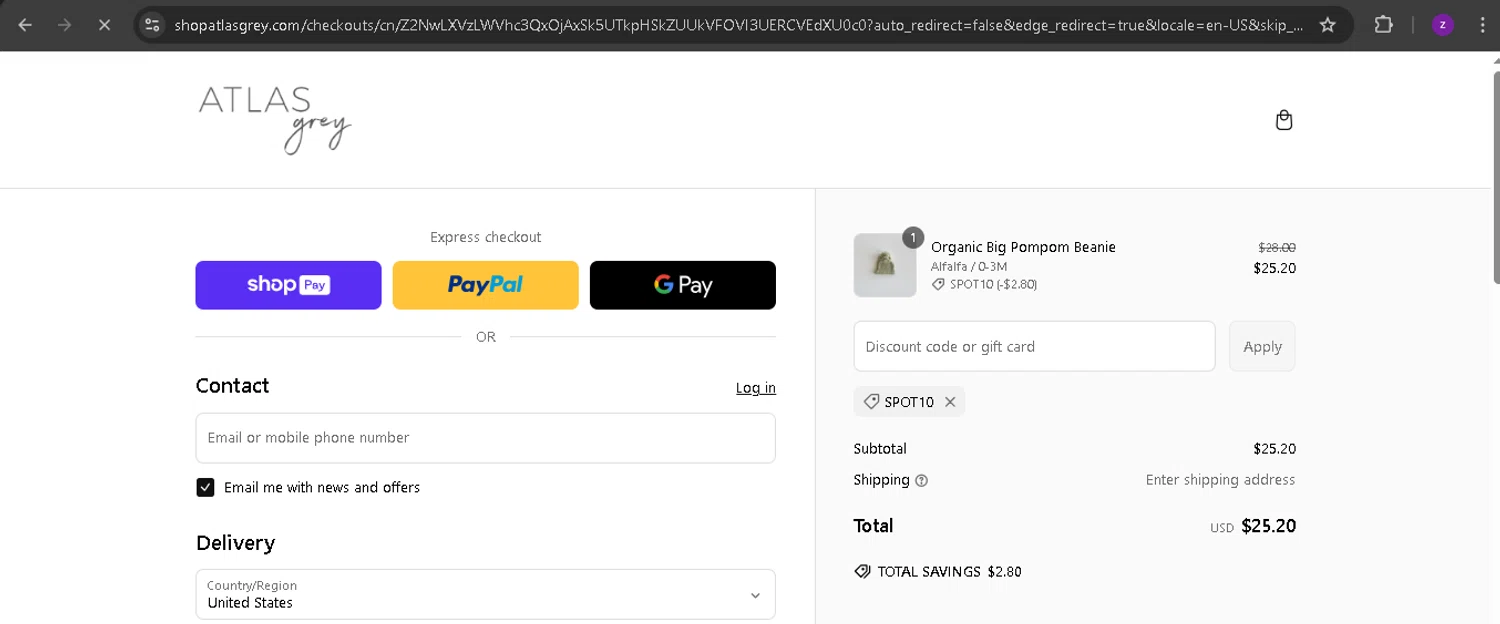 Atlas Grey discount code screenshot showing code SPOT10 applied at Atlas Grey checkout page. Uploaded by SimplyCodes community member BonusPro7395 on Mar 8, 2025