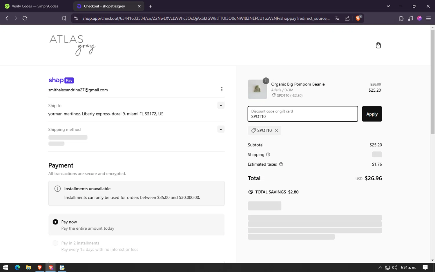 Atlas Grey discount code screenshot showing code SPOT10 applied at Atlas Grey checkout page. Uploaded by SimplyCodes community member lareinadecupones on Feb 7, 2025